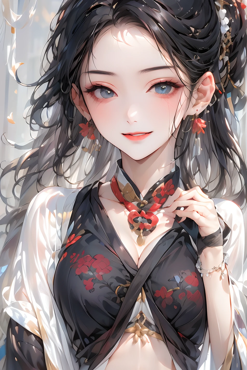 Masterpiece, Best quality,Chinese style 1 girl, jewelry, Solo, Earrings, necklace, Smile, Black hair, Breasts, cleavage, view the viewer, White background, Upper body, Long hair, Simple background, Closed mouth, Black eyes, Medium breasts, Chinese clothes, Lips
