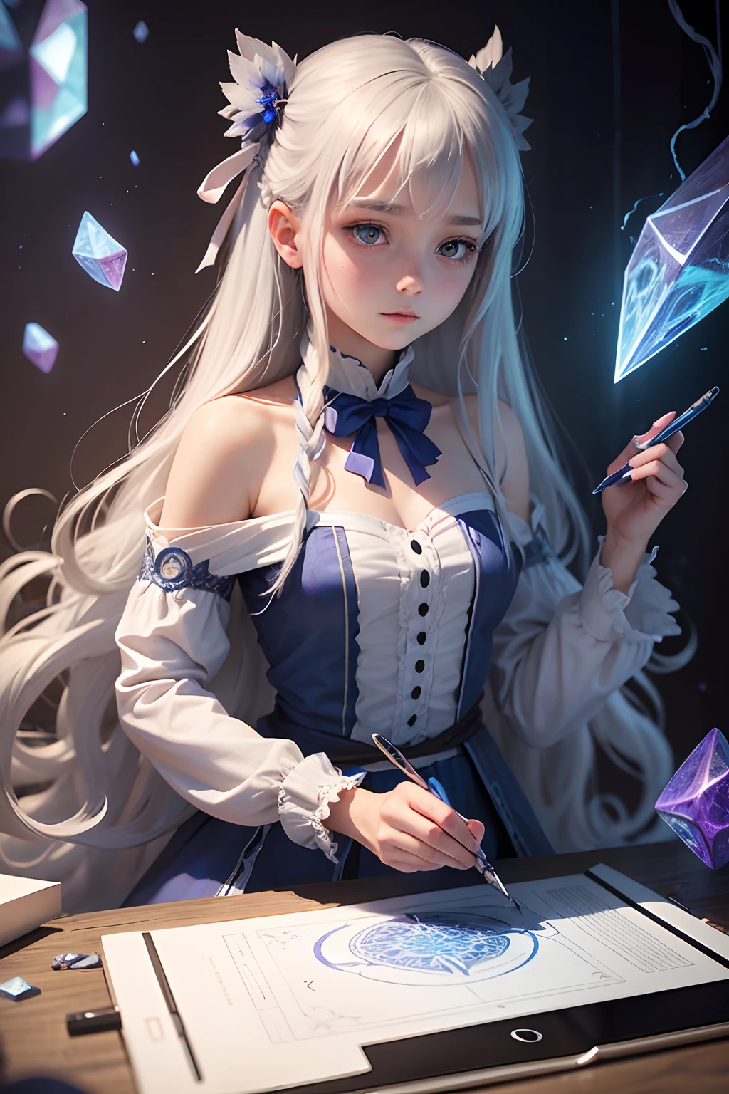 Enter the captivating realm of a young magical artist, a girl with ethereal white silver hair and mesmerizing lapis lazuli-colored eyes. In one hand, she holds a digital pen, and in the other, a cutting-edge tablet. With her unique abilities, she brings her drawings to life, turning her imagination into reality with every stroke of the pen. Explore the fantastical world she creates through her artwork and the profound consequences of her artistic prowess as she weaves magic and wonder with her digital tools