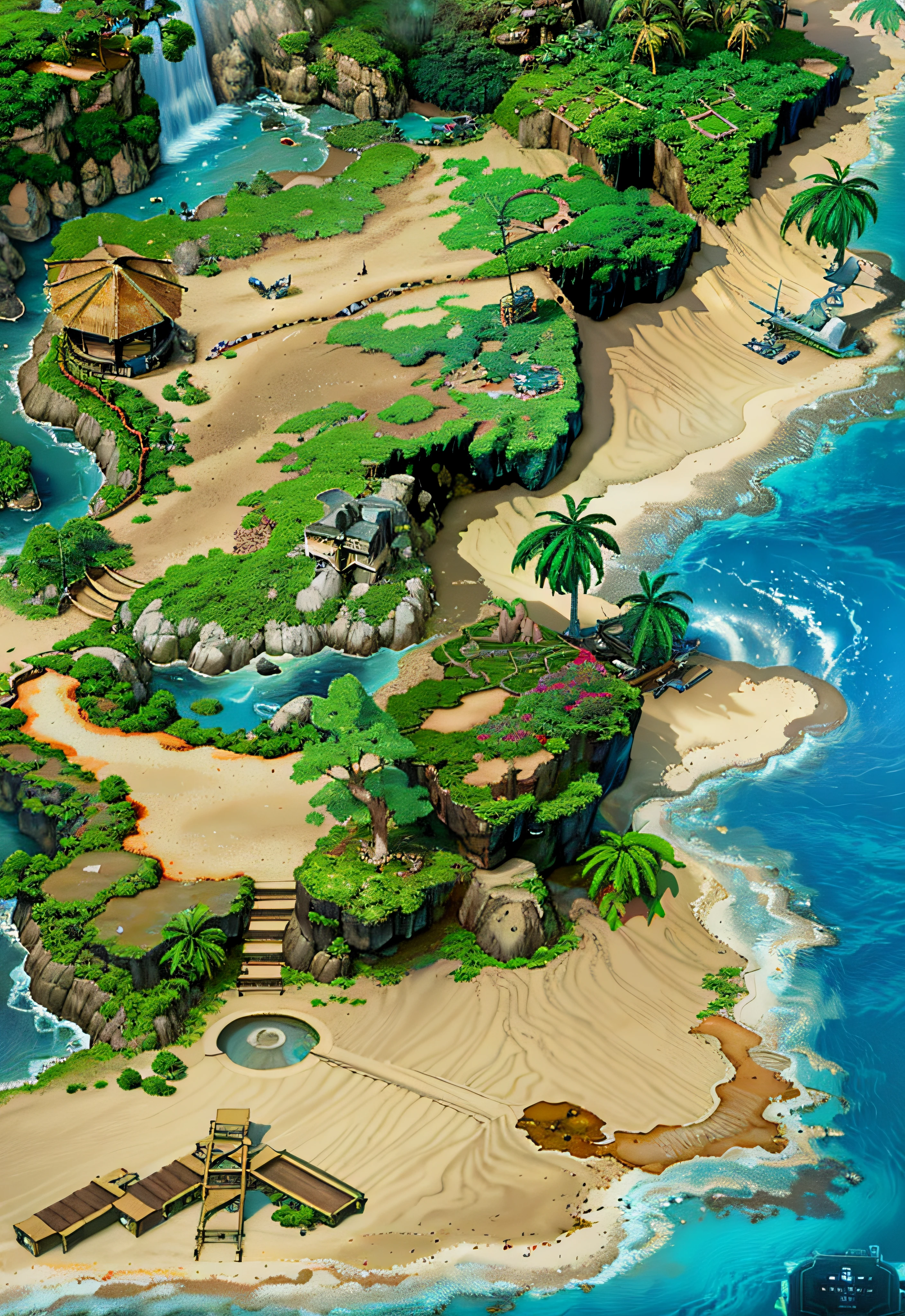 Picture of a tropical island with waterfalls and boats,Realistic landscape,Real beach, Island background, game environment design,painted as a game concept art, scenery art detailed, isometric game art, Detailed game art, stunning screenshot, jungle setting, Game map