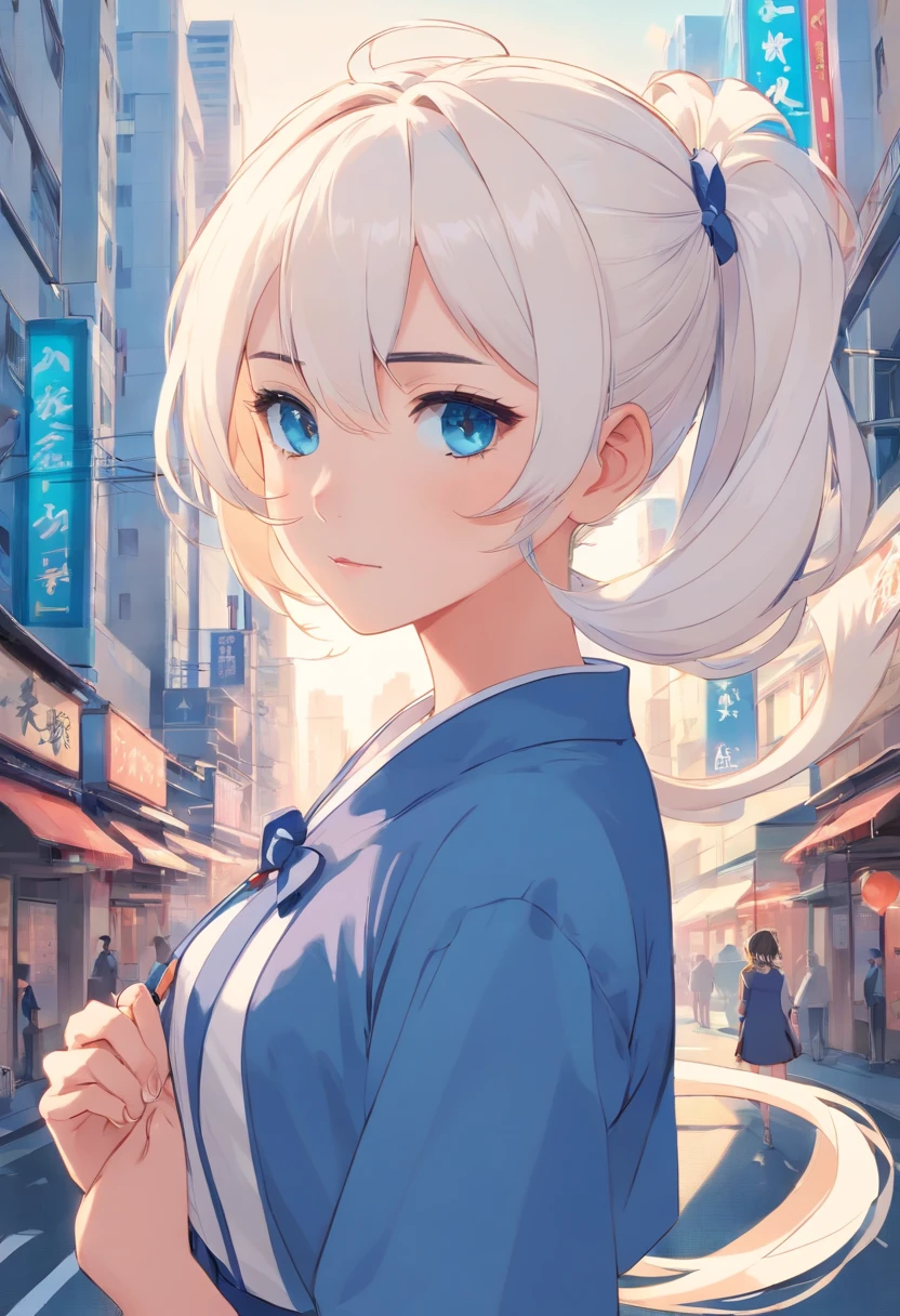 White color hair,Double ponytail curls,blue color eyes,White Lolita,Beth,A bustling city street