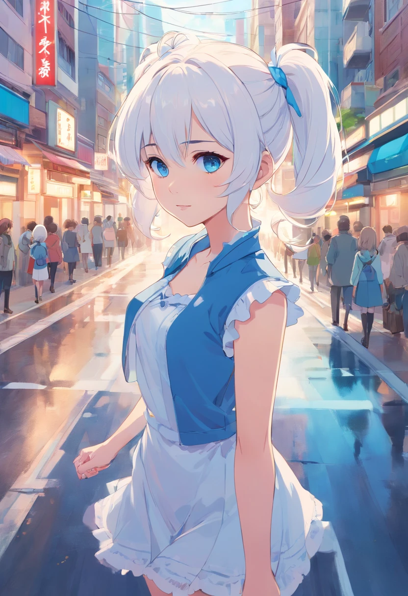 White color hair，Double ponytail curls，blue color eyes，White Lolita，Beth，A bustling city street