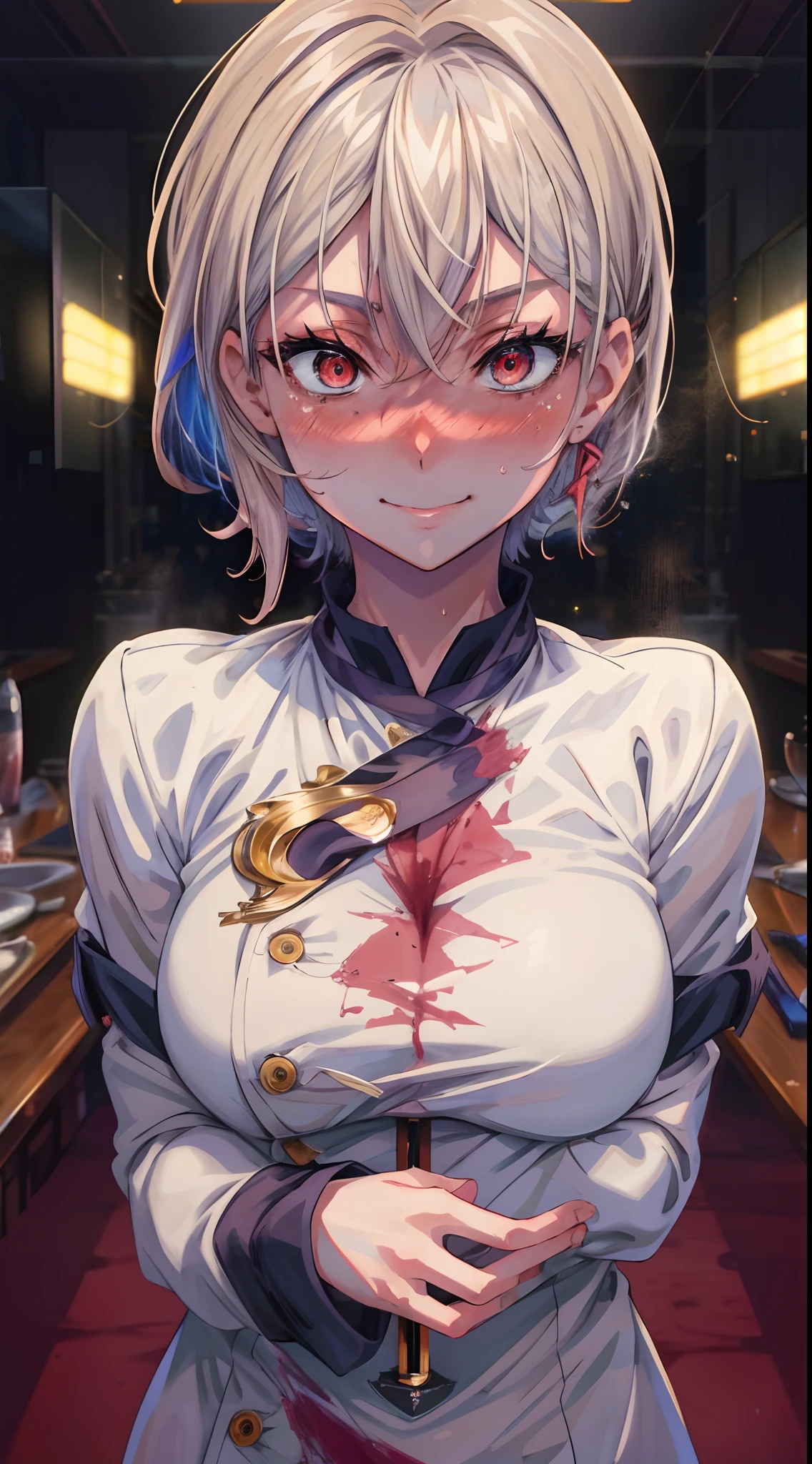 masterpiece, best quality, AliceKV4, 1girl, solo, looking at viewer, smile, anime coloring,((((upper body)))), (blushed, healthy skin), authority, (((tortured))), blood on face, breasts, sadistic girl