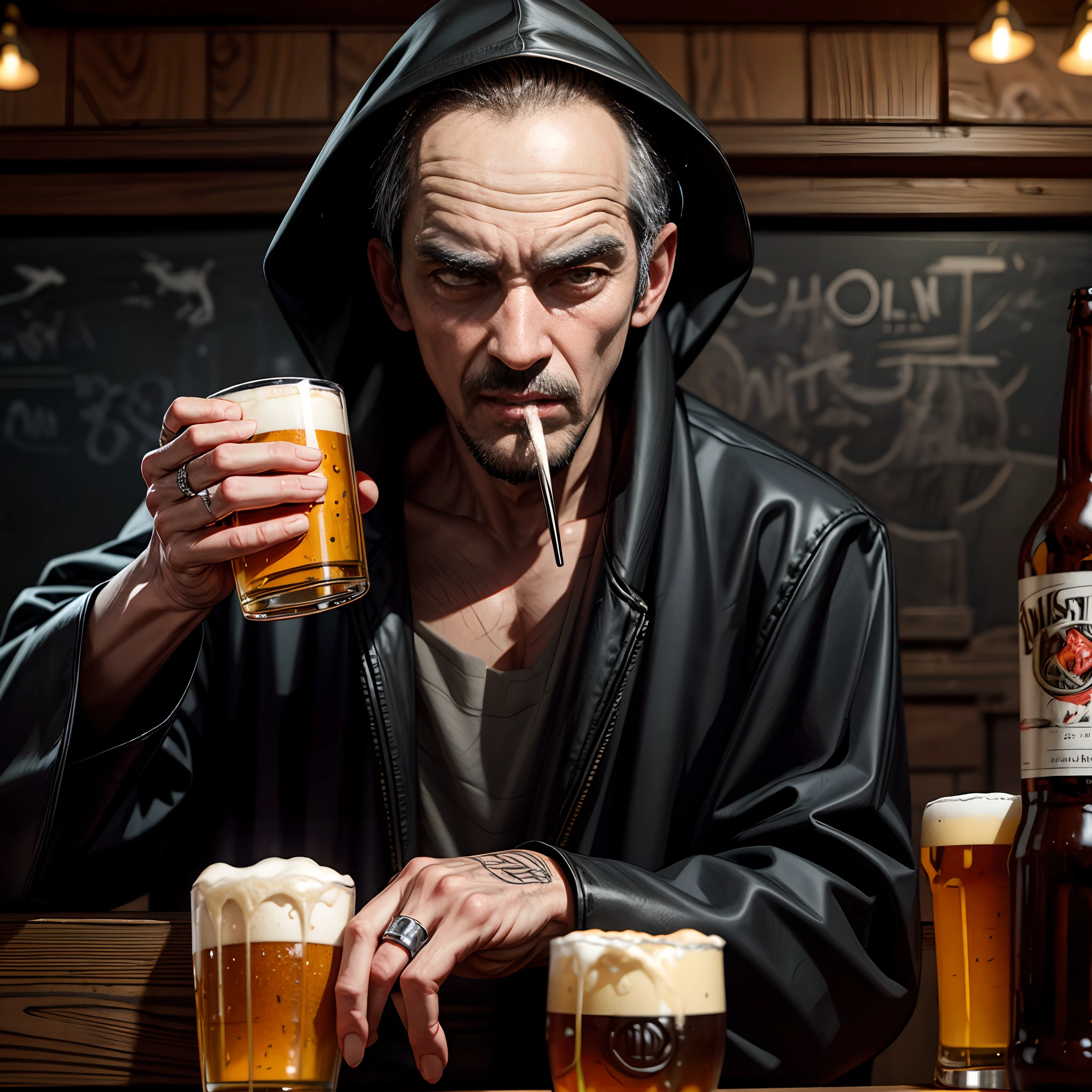 Grim the Reaper drinking beer in a bar