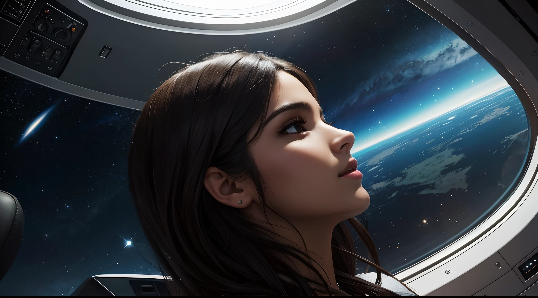 Centrado, Facing the camera, looking up at the audience, nearing perfection, Pintura digital, mulher extremamente linda "Camila Bernal", com cabelos negros com rabo de cavalo e trage futurista, pilotando uma nave, sentada dentro da cabine, viajando na galaxia sentada de frente, HDR, 8k, Ultra Detalhado. Tecnologia, conceito-arte, liso, foco nítido, high-definition resolution