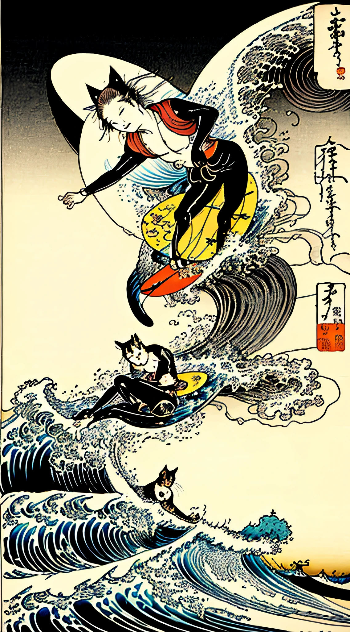 Cat Surfing Ukiyo-e Surfing Fuji Top Quality Masterpiece