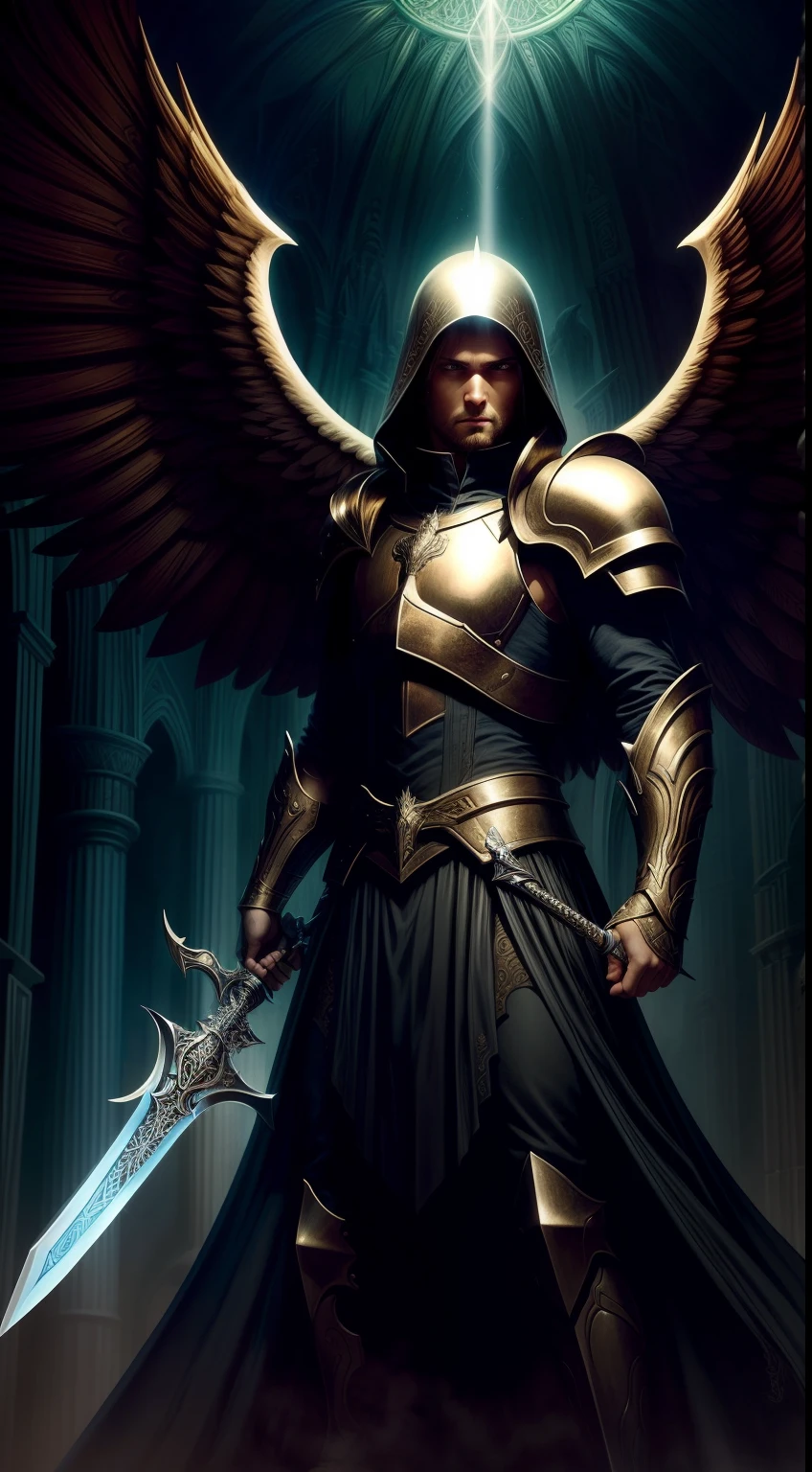 An image of an angel holding a sword, Imagen de perfil de Discord, por Anne Stokes, Discordia PFP, Intimidante armadura de cuerpo completo, The computer gods ascend, Sin alas, usado en armadura de cuero, Equipo de combate futuro, The Angel of Death with a halo, centinela, PFP, por Jan Nieuwenhuys