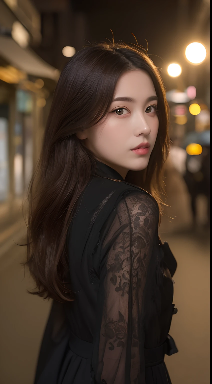 ((top-quality、8K、masterpiece、:1.3))、1girl in、Amazing beauty,full body Esbian、Slim Faces、Pretty women、(dark brown hair)、qipao dress:1.1、Super Detailed Face、detailedeyes、二重まぶた、blurry backround、Slim Faces、nighttime scene、appearance、Street、raw,Back,Walking,raw,Back