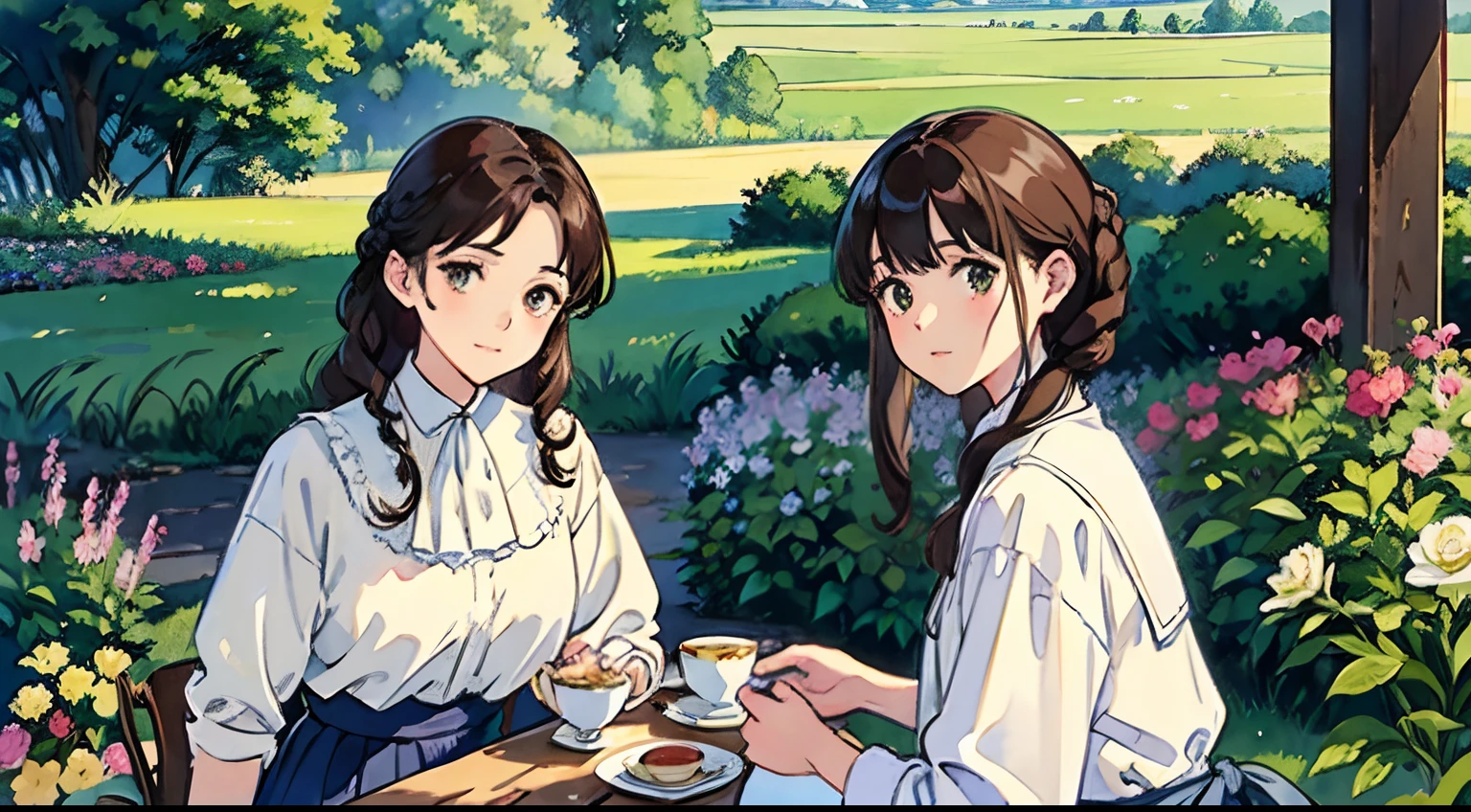 (Watercolor in Sargent style)、(top-quality、masterpiece)、Soft light、View of the Cotswolds,Old farmhouse、rivulets、flower bloom、One lady、dark brown hair、Braided hair、White blouse and long skirt、picnic、Tea time alone、holding a teacup、