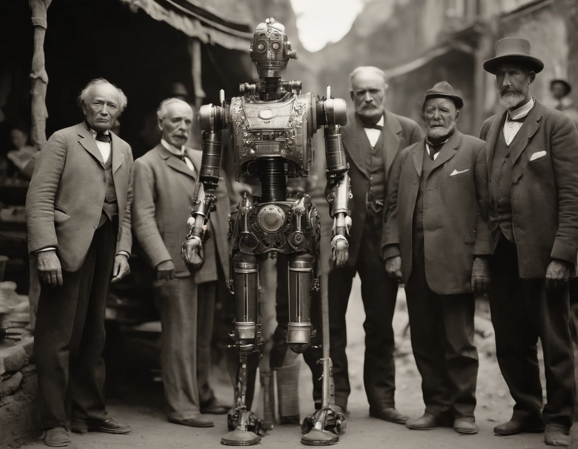 full body, mechanical cyborg, posing a picture with local peoples, captured in black and white, 1900s photograph, detailed, gelatine silver print, add noise, old photo effect, damaged photo effect
