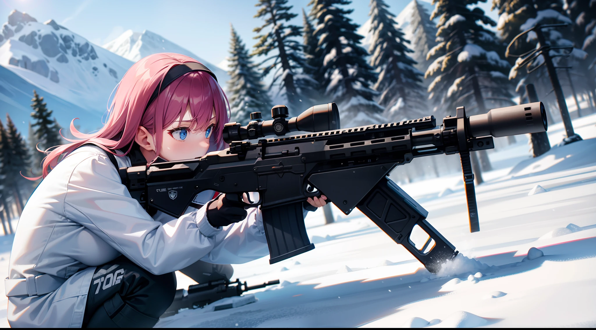 gun girl, special force, special operation, aiming at the enemy, assault rifle, white clothes, snow mountain, full body