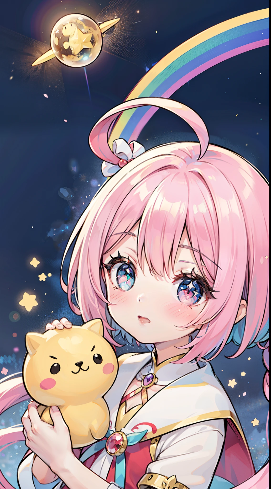 Chica de anime con varita y varita de estrella en la mano, Portrait of Magical Girl, Sparkling Magic Girl, Magical Girl, galaxy, luna, estrellas, magia, anime, chica, loli, adorable, heterochromia, pelo arco iris, mahou shoujo, Magical Girl, ojos estrella, pelo largo, kawaii, small girl, Anime illustration, rainbow hair, star eyes, Magical Girl Anime, girlish, mascota, Holding magic staff, ojos grandes