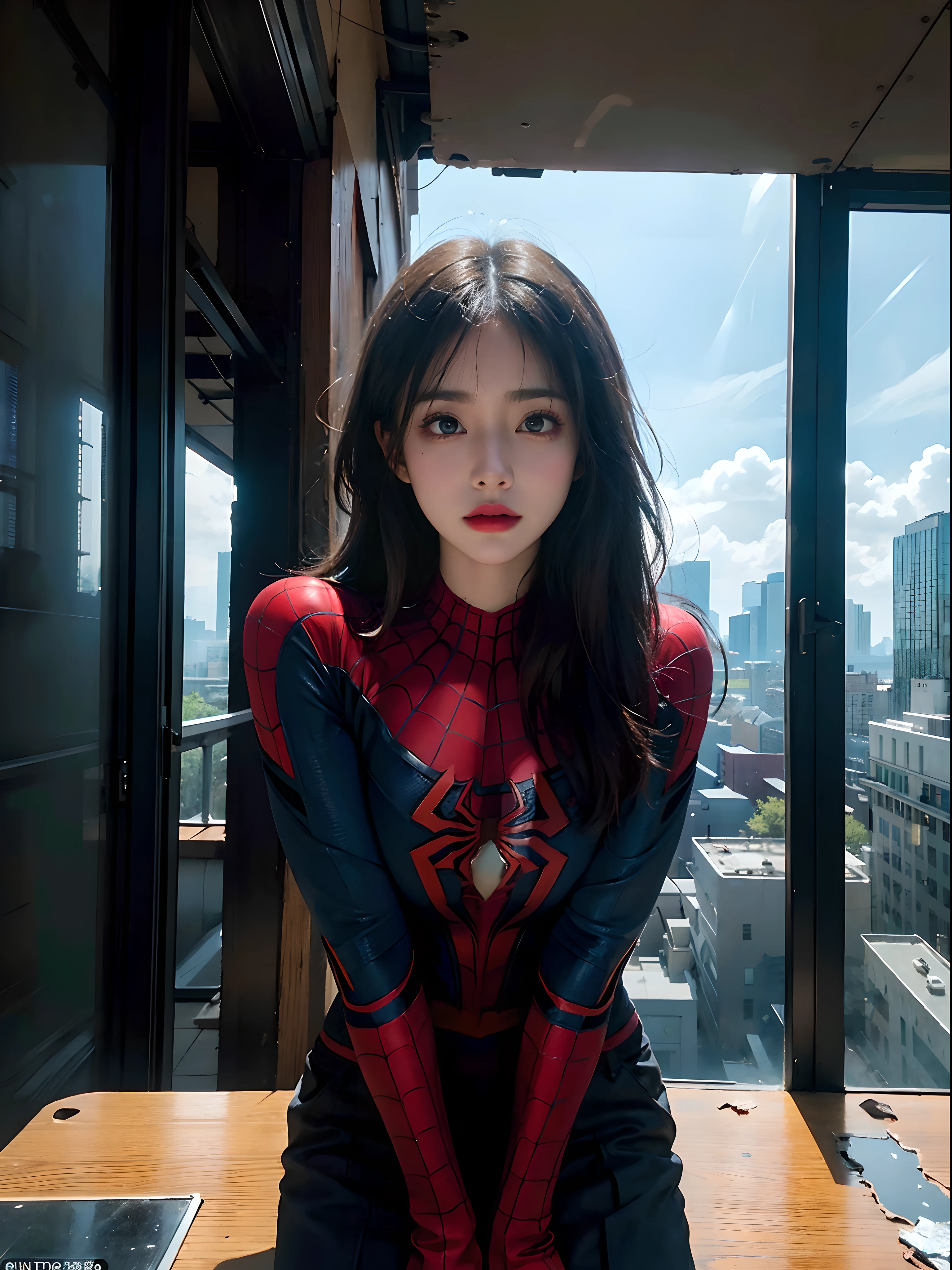 1 Girl, Very bright backlight, Solo, {beautiful-detailed eyes}, large full breasts, default black background, calm expression, Natural light and soft light, Hair fluttering in the breeze, delicate facial features, Blunt bangs, beautiful Korean girl, Eye Smile, Very small earrings,(Wearing Spider-Man's suit. It has a red and black scheme of spider design, A glimpse of the valley :1.3) ,23 years old, film grain, Real hands,shy smile,sexy poses, ultra detail, detail, more detail