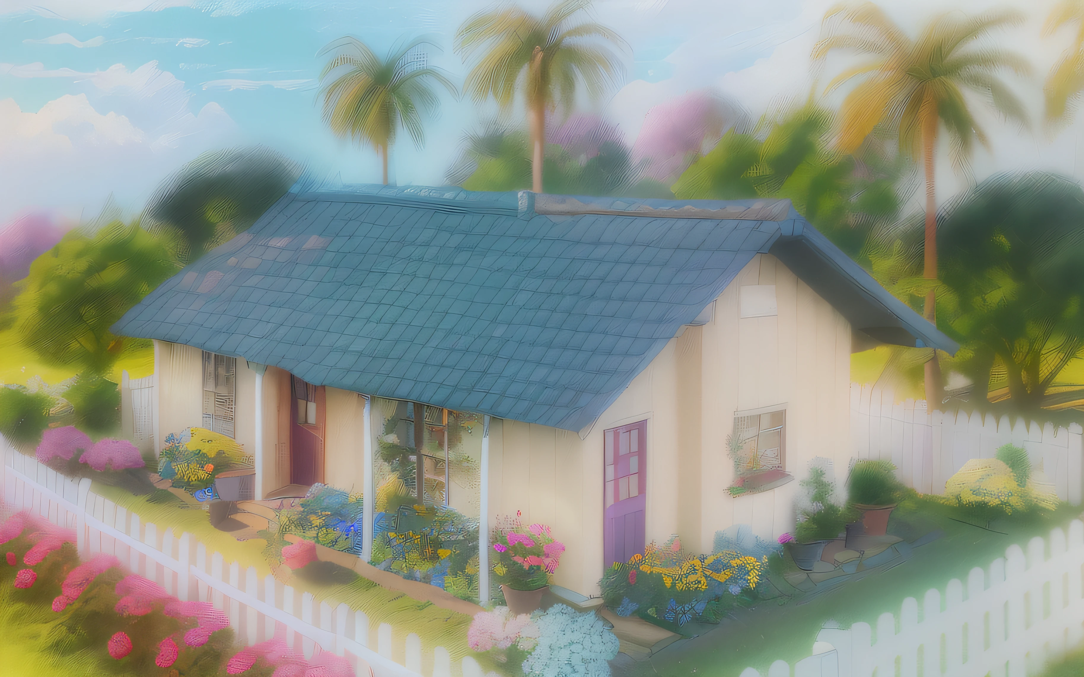 /imagine prompt: A heartwarming scene in a quaint countryside cottage in Vietnamese, a blooming flower garden with vibrant roses, a white picket fence surrounding the property, a cat lazing in the sun, a sense of simplicity and coziness in the rural abode, Artwork, pastel drawing on textured paper, adding soft pastel tones to evoke a warm and inviting country atmosphere,very detailed , colorful, motion graphics, rossdraws global illumination, cgsociety, depth of field f/2.8, --ar 16:9 --v 5