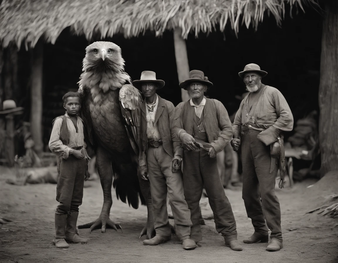full body, raptor, posing a picture with local peoples, captured in black and white, 1900s photograph, detailed, gelatine silver print, add noise, old photo effect