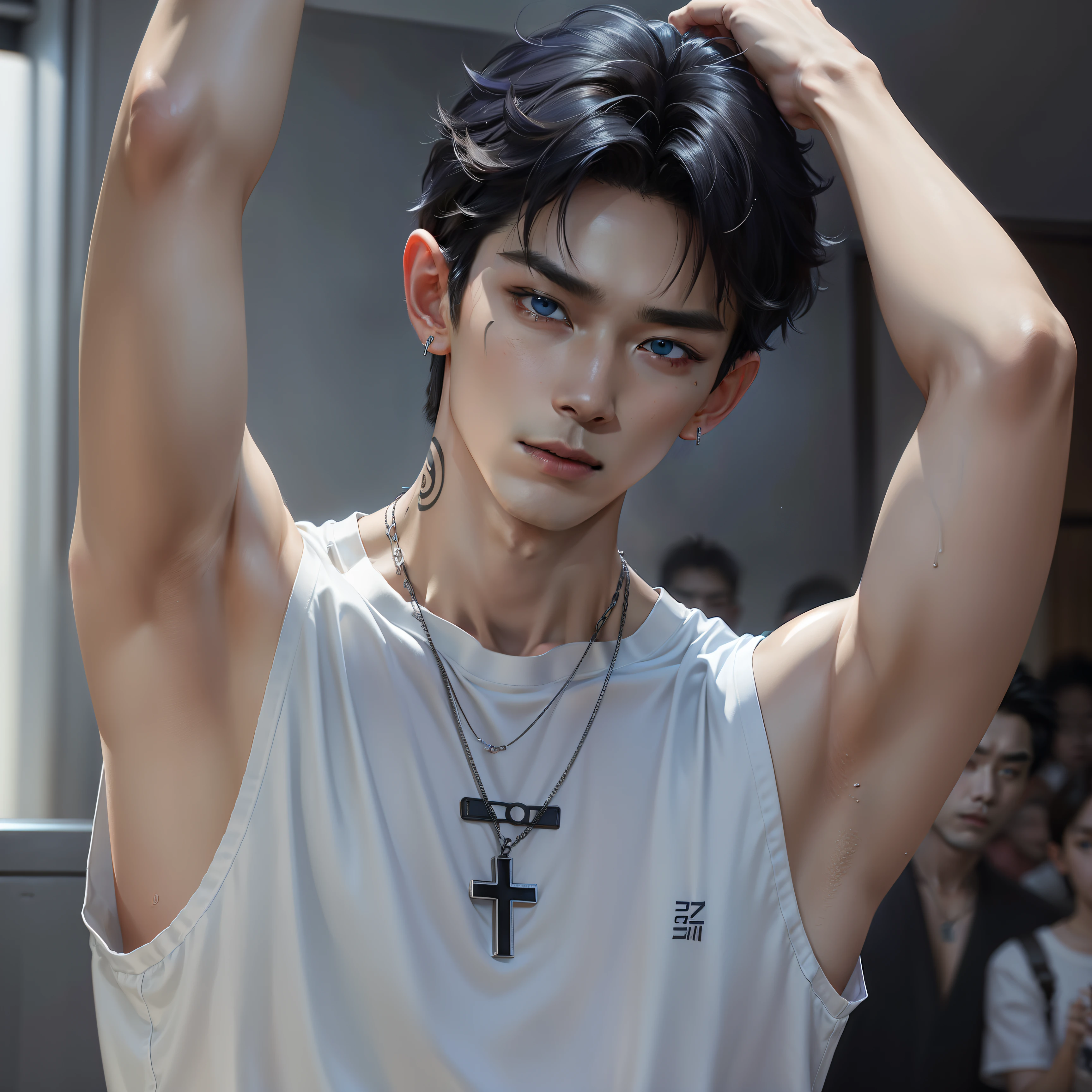 hight resolution、realisitic、realistic、A hyper-realistic、(showing armpit:1.4), -yeld Kon、Male Idol、male, Black hair permed hair、Light blue eyes、fair white skin、Tattoo on the nape of the neck、numerous piercings in the ears、Alone、Upper body photo、Sweating、Dancing、white t-shirts、Cross Necklace