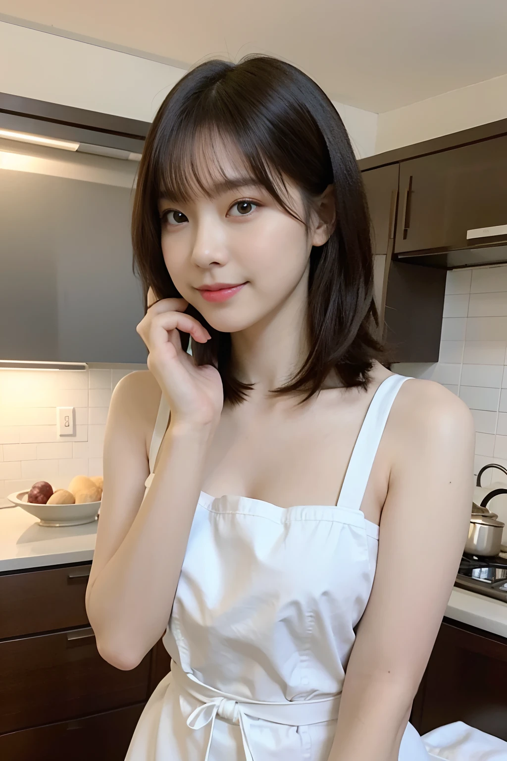 a woman is cooking、(kitchin_Apron:1.Wear 3)、Good Hand、4K、hight resolution、​masterpiece、top-quality、Cap:1.3、((Hasselblad photo))、Fine skin、foco nítido、(lighting like a movie)、Soft lighting、dynamic ungle、[:(详细的脸:1.2):0.2]、Medium chest、sweats streamed skin:1.2、(((In the kitchen))) A smile　Beautiful profile　Colossal tits　Beautiful body　Tying hair　Wide background々and a luxurious living room　Luxurious and luxurious living