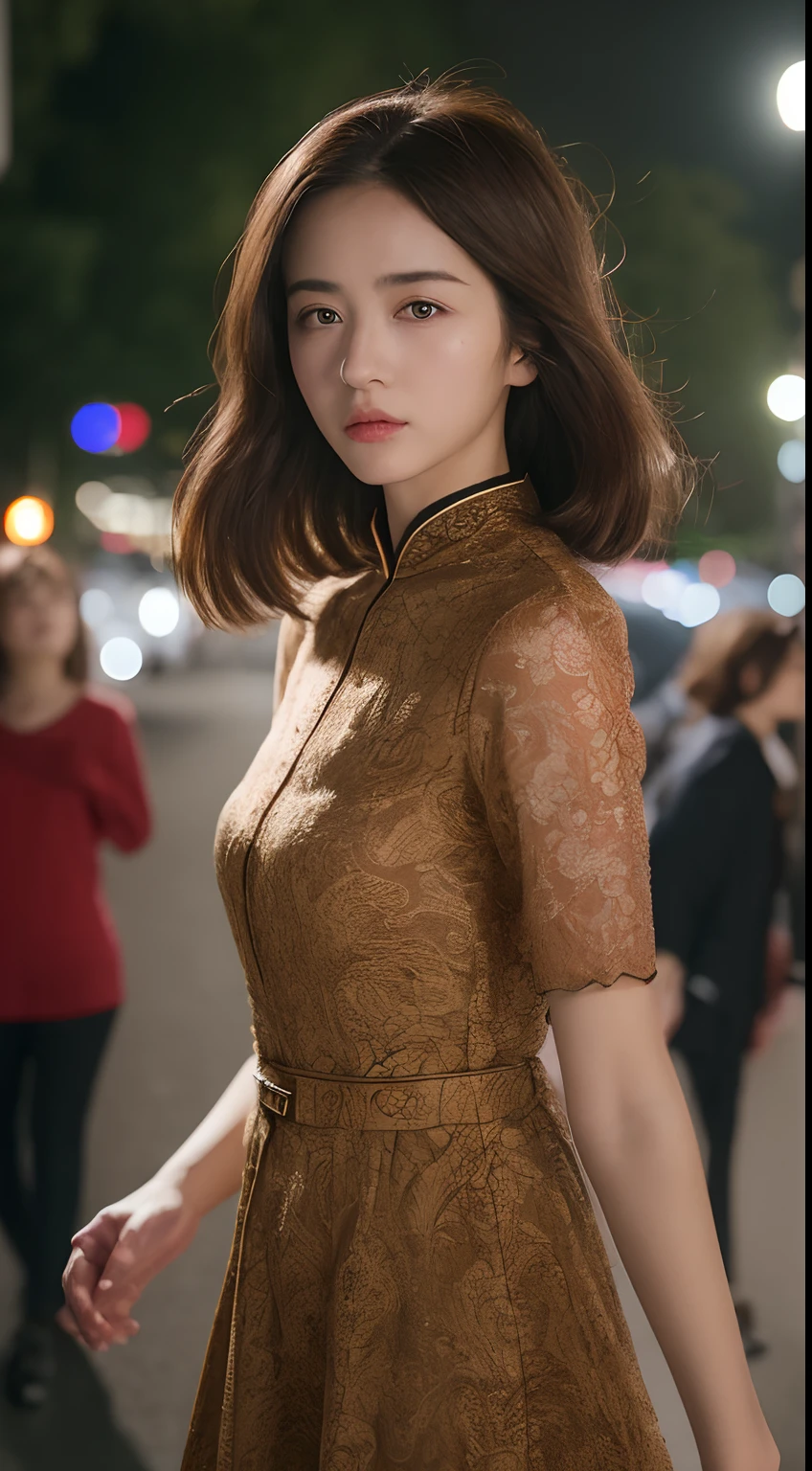 ((top-quality、8K、masterpiece、:1.3))、1girl in、Amazing beauty,full body Esbian、Slim Faces、Pretty women、(dark brown hair)、qipao dress:1.1、Super Detailed Face、detailedeyes、二重まぶた、blurry backround、Slim Faces、nighttime scene、appearance、Street、raw,Back,Walking,raw,Back