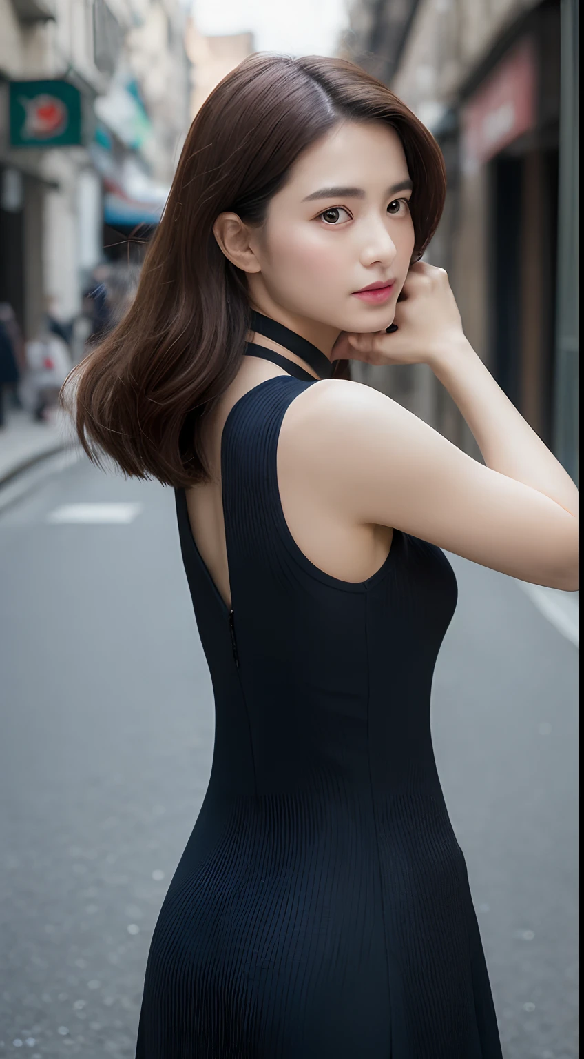 ((top-quality、8K、masterpiece、:1.3))、1girl in、Amazing beauty,full body Esbian、Slim Faces、Pretty women、(dark brown hair)、qipao dress:1.1、Super Detailed Face、detailedeyes、二重まぶた、blurry backround、Slim Faces、nighttime scene、appearance、Street、raw,Back,Walking,raw,Back