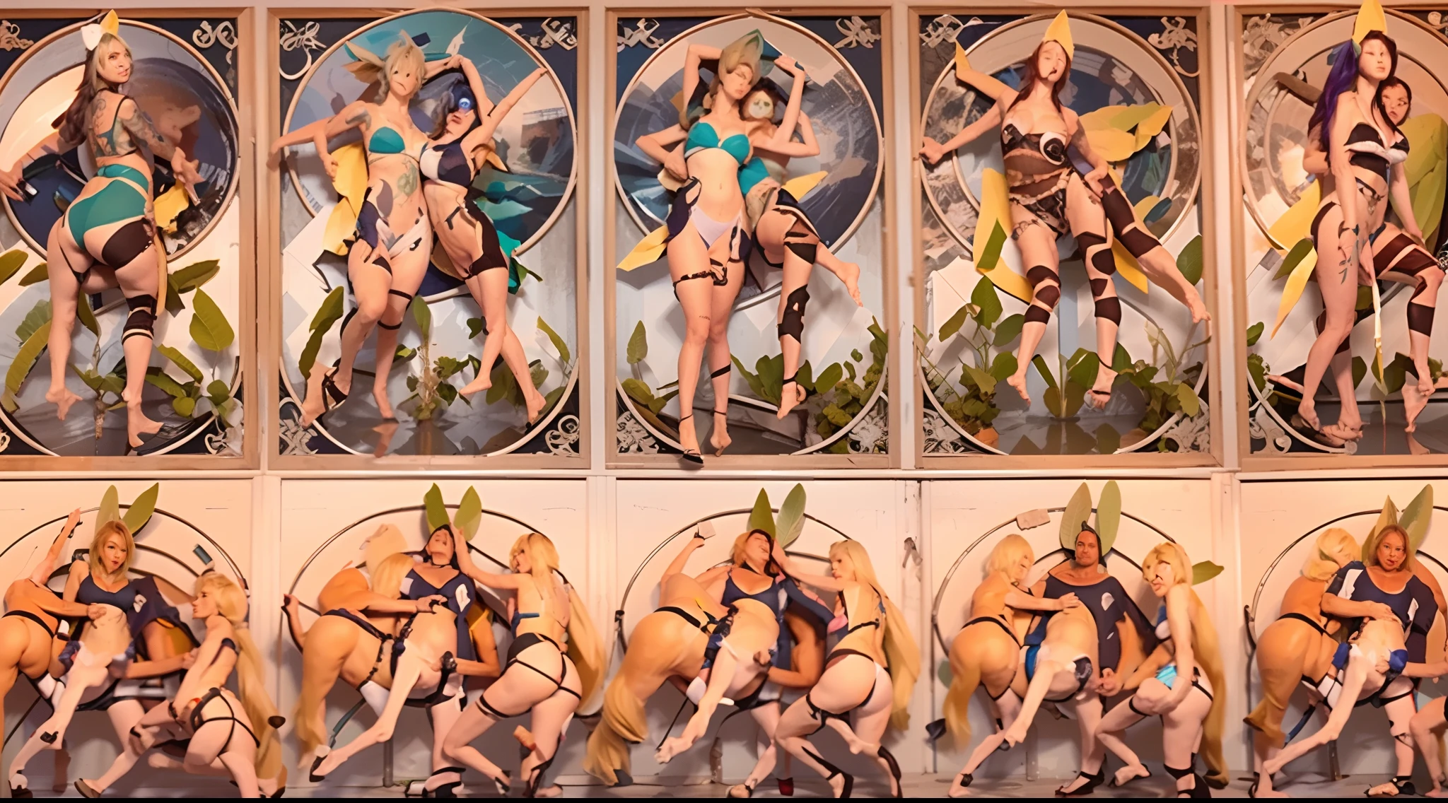 In the beautiful illustration of this super-grand scene，The ultra-distant lens shows us（Over eight separate and distinctive centaur characters：9.9），They all have their own characteristics，Vivid and interesting。Radiant from the heavens（Angelic centaurs：6.6），To nightmarish is（Centaurs surrounded by flames：6.6）、And then to the wind dancing in the air（Fairy centaurs：6.6）、And thunder and lightning surrounding（One-horned centaur：6.6），and shining metallic ones（Mechanical style centaur：6.6）、And then（A centaur with colorful dragon scales covering the whole body：6.6）The power is powerful、Elegant and agile（Elf centaur's slenderness：6.6）Gracefully wears a flower crown、Enchanting and charming（Tiflin centaurs：6.6）、Have the indescribable（Raised sexy：6.6）'s（Succubus centaurs：6.6）。Each character has their own unique charms and abilities。The illustration uses advanced artistic techniques and tools，（Use nesting、woven、stitching、ssee-through、arrange、grouping、Storyboards and other methods，Divide the scene into sections by geometric arrangement：9.9），Each section corresponds to a centaur character，This makes more efficient use of space。Through Midjourney's advanced brush tools、Color palette、Material packs and model packs、Texture tools，For each centaur, beautiful props are designed to increase racial characteristics、Clothing and physical features，（Enhances the character's personality and visual appeal：2.5），The scenery in the illustrations is stunning，There are changing skies、rainbowing、extreme light、Stars and Moon。Incorporating iconic landmarks such as Mount Everest，and fireworks、tranquil lake、Natural and urban elements of waves and neon lights，Creates a magical atmosphere，The centaurs display their unique abilities and equipment in a variety of environments，This is true even in extreme alien landscapes。（Use Midjourney's tools、Material packs、Texture tools、The color palette makes depicting details vivid and realistic：9.9），From complex hairstyles and as well as different racial traits、Body、Ap
