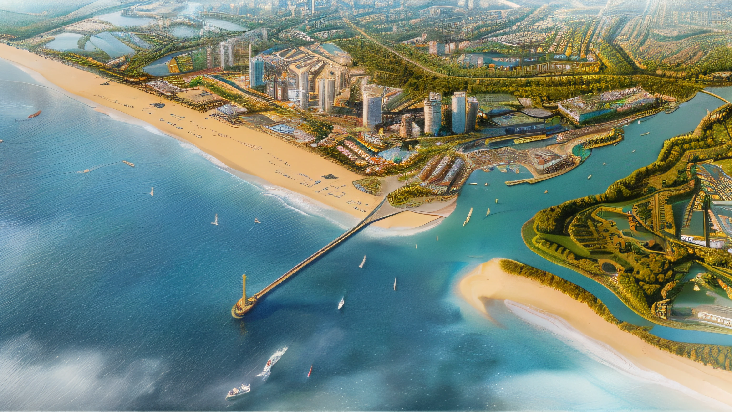 there is a large city on the shore of a large body of water, tropical coastal city, sun coast, port city, highly realistically detailed, a hyper realistic, by Ni Yuanlu, mixed development, hyperdetailed!, super detailed, true realistic image, detailed scene, hyperdetailed!!!, detailed screenshot, really detailed, extremely highly detailed, beachfront