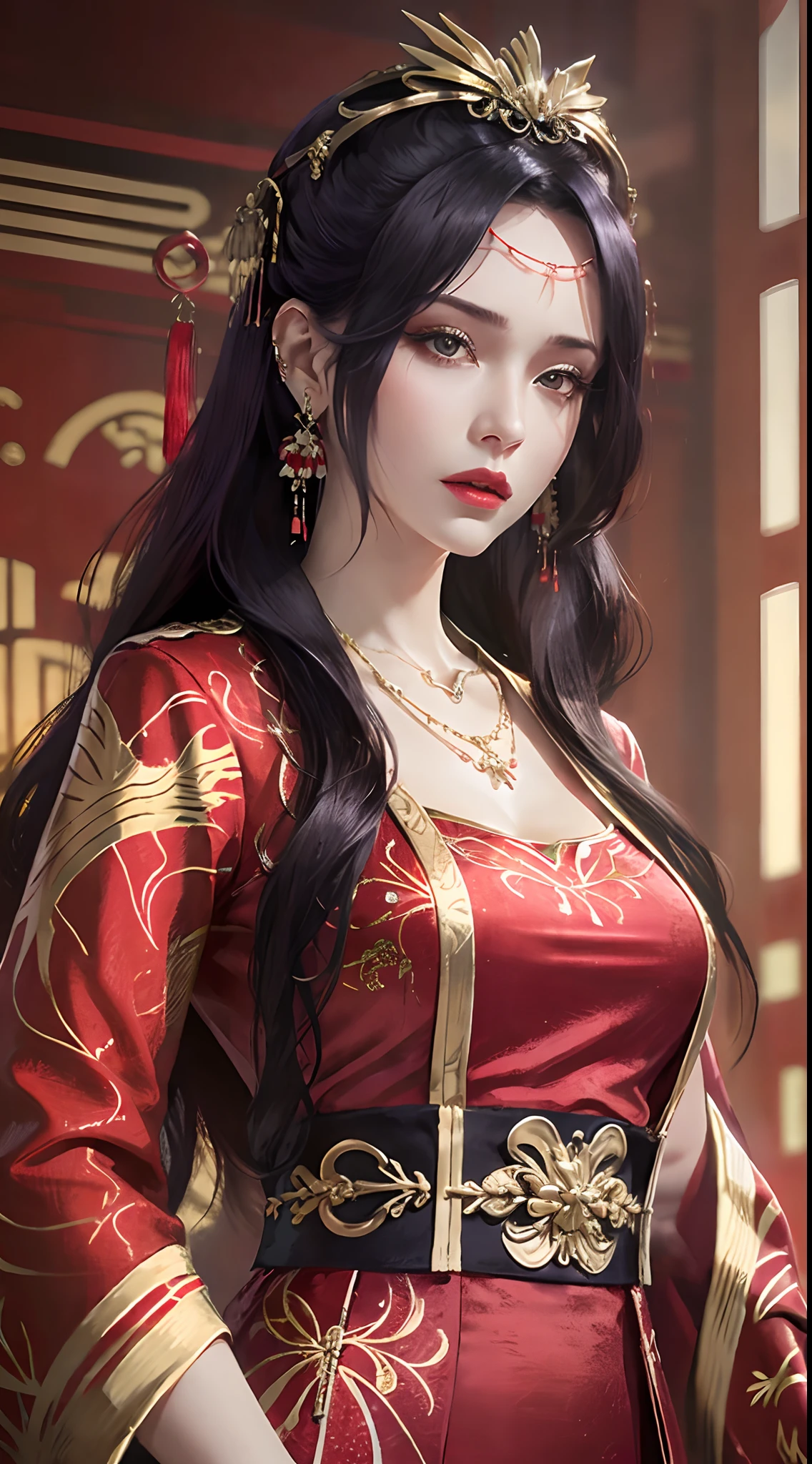 photorealistic, high resolution, 1women, mature female, solo, hips up, long hair, hair ornament,earrings,red dress,chinese clothes,necklace,wide sleeves,sash,forehead jewel