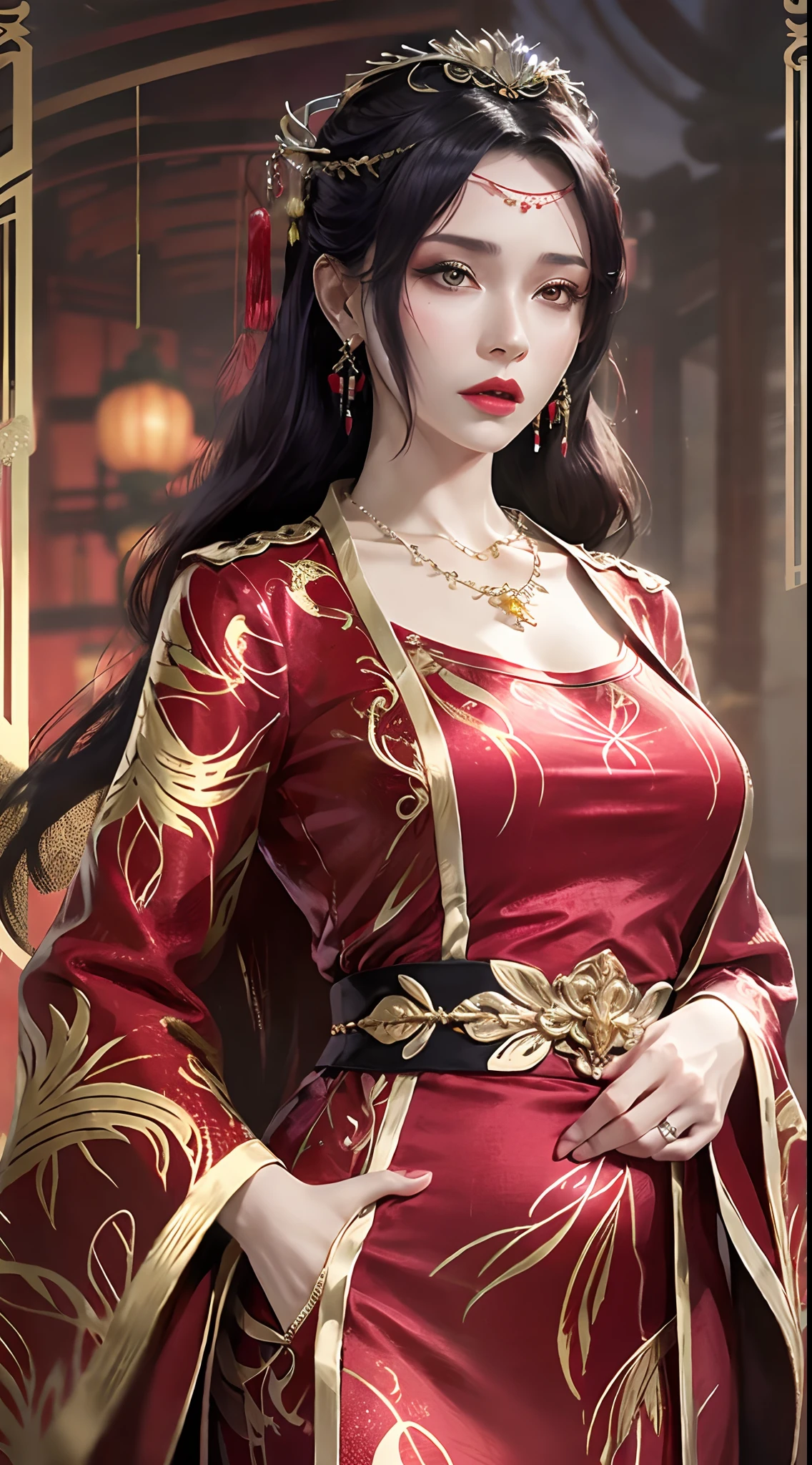 photorealistic, high resolution, 1women, mature female, solo, hips up, long hair, hair ornament,earrings,red dress,chinese clothes,necklace,wide sleeves,sash,forehead jewel