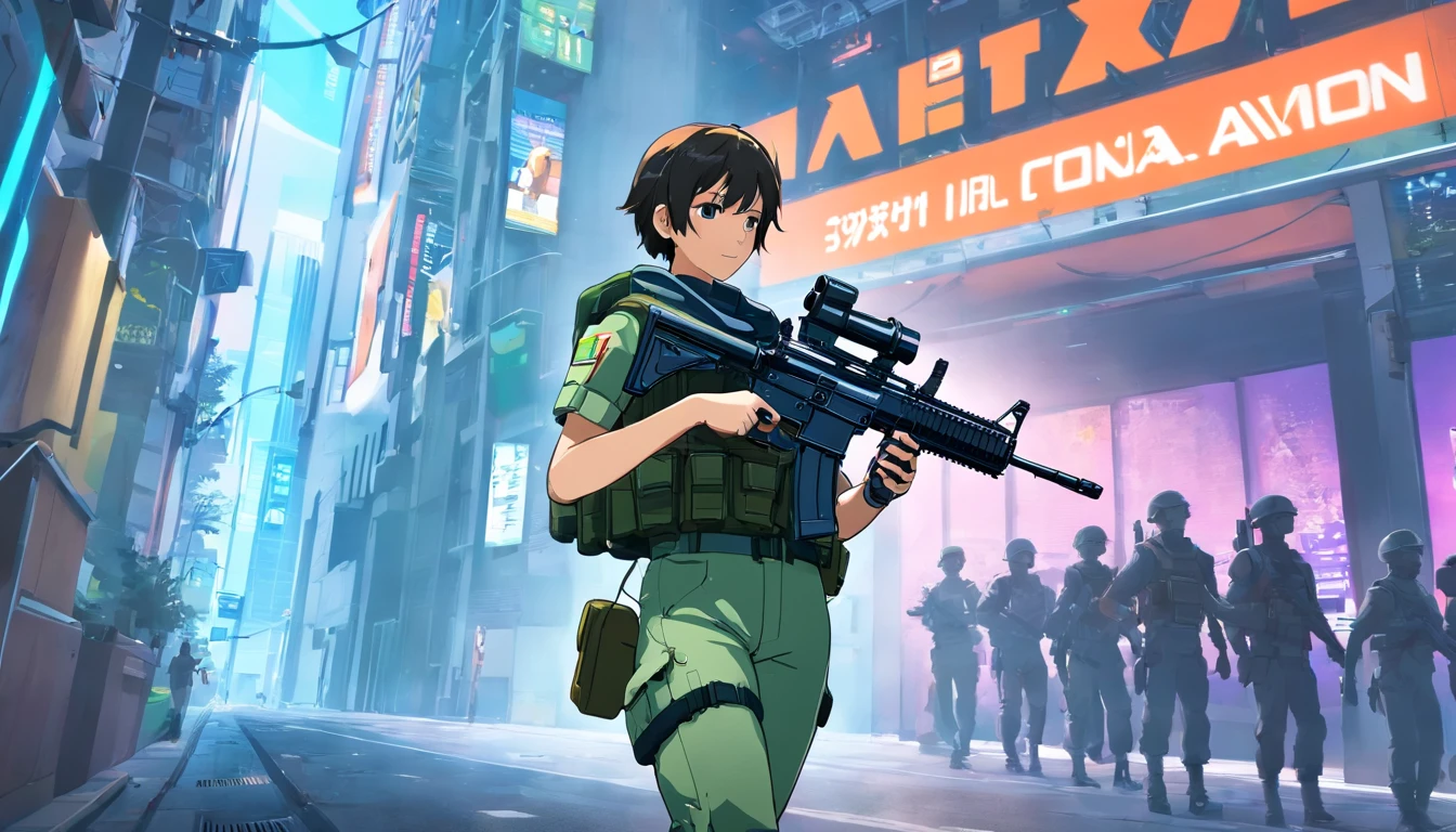 a cyber high tech runing soldier holding a m416 rifle, call of duty poster text behind the soldier, warzone style