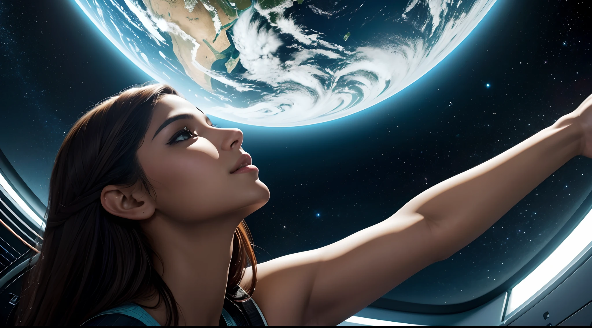 (photorealism:1.2), beautiful woman, flying in space, wearing nothing, black hair, soft lighting, planet Earth in background, relaxed pose, realistic, intricate details