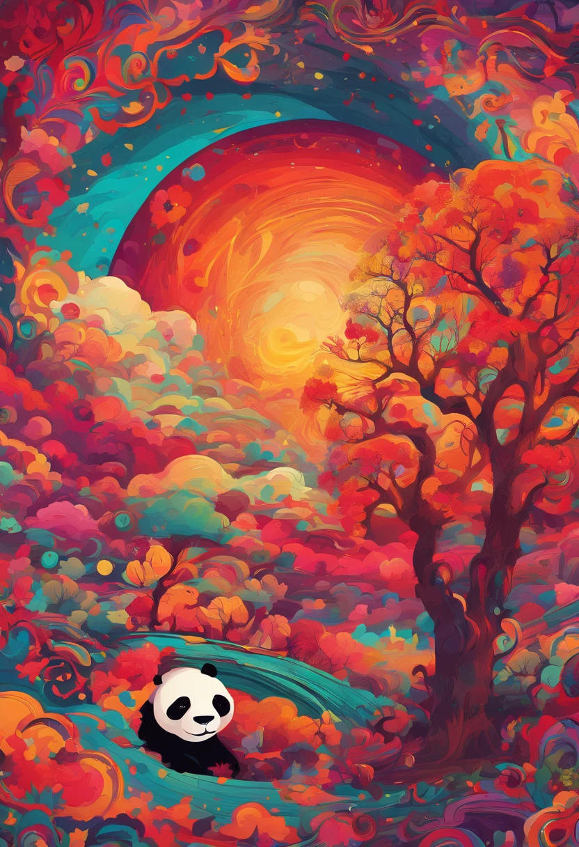 cielo estrellado con nubes arboles luna de colores calidos con un oso panda rojo marron de protagonista