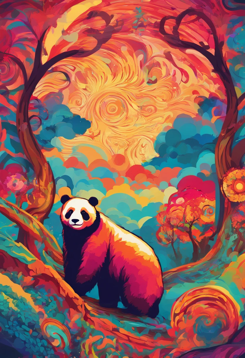 cielo estrellado con nubes arboles luna de colores calidos con un oso panda rojo marron de protagonista