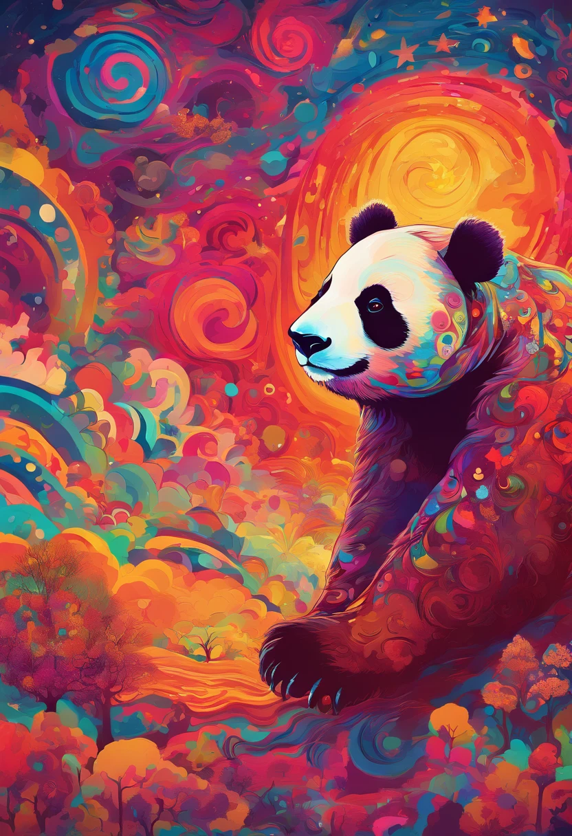 cielo estrellado con nubes arboles luna de colores calidos con un oso panda rojo marron de protagonista