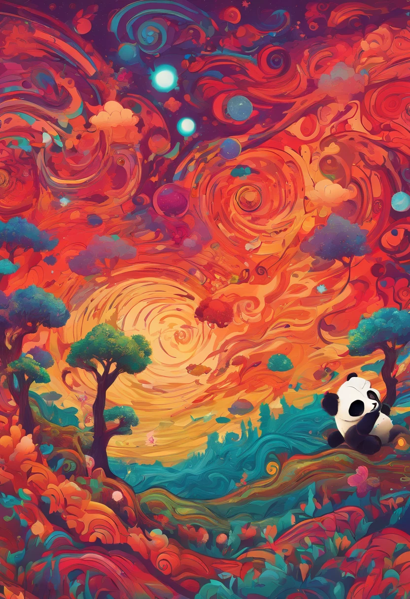 cielo estrellado con nubes arboles luna de colores calidos con un oso panda rojo marron de protagonista