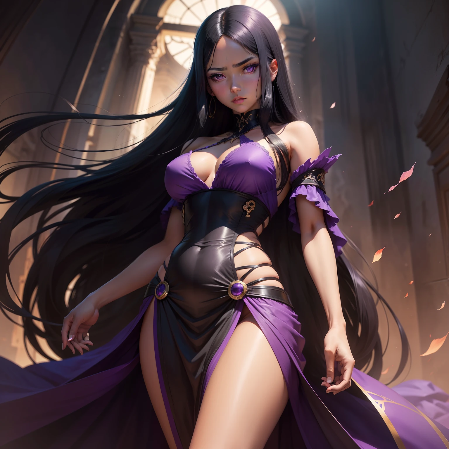 Anime, woman, tanned skin, beautiful, death, long black hair, purple eyes, flowing dress, stoic expression, high definition, alluring eyes, tall, gorgeous