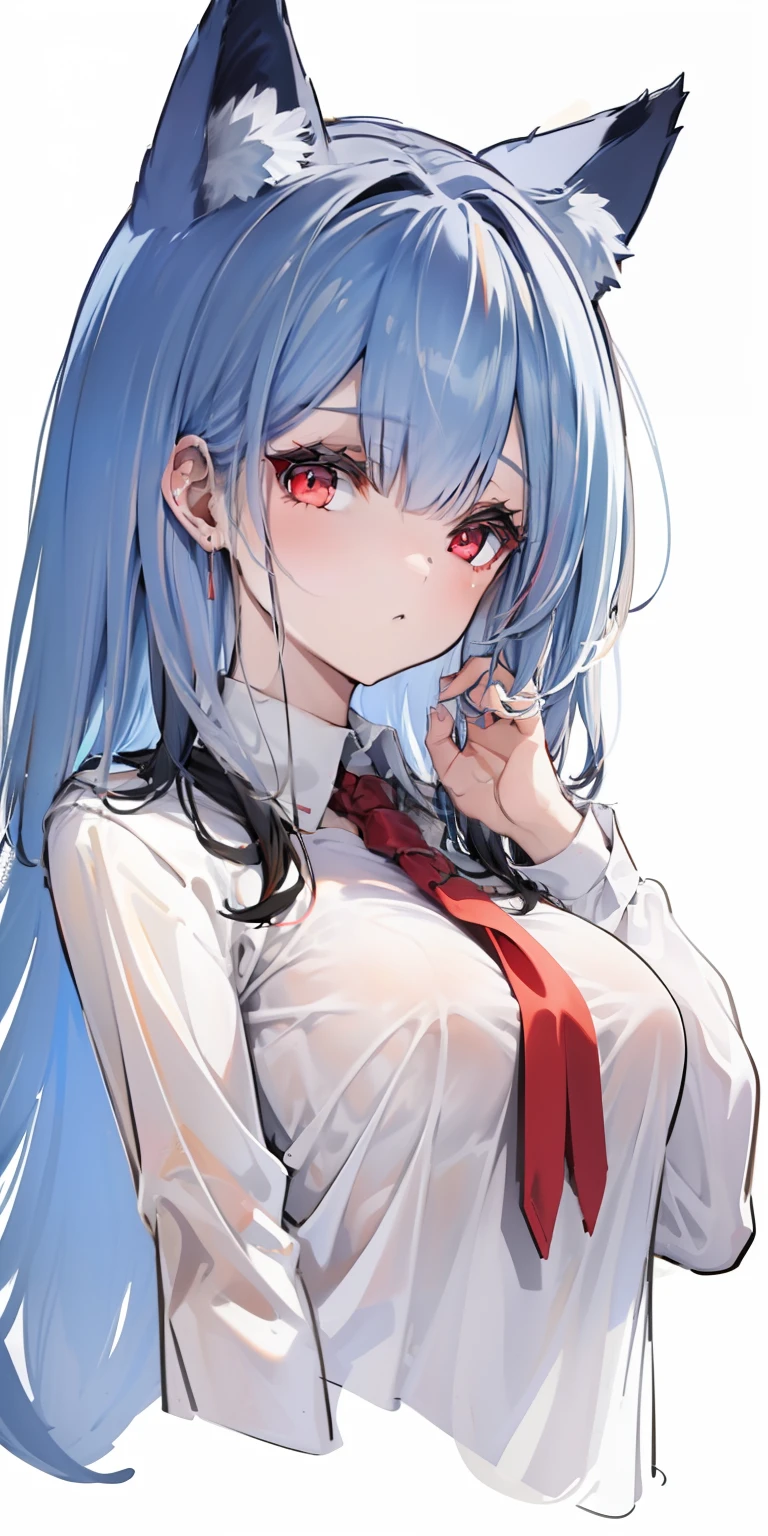 (sketch drawing:1.2), 1girl, close up, (cute), (fox ears), (red eyes), (black hair), (medium hair), (simple white blouse), (white background:1.3),