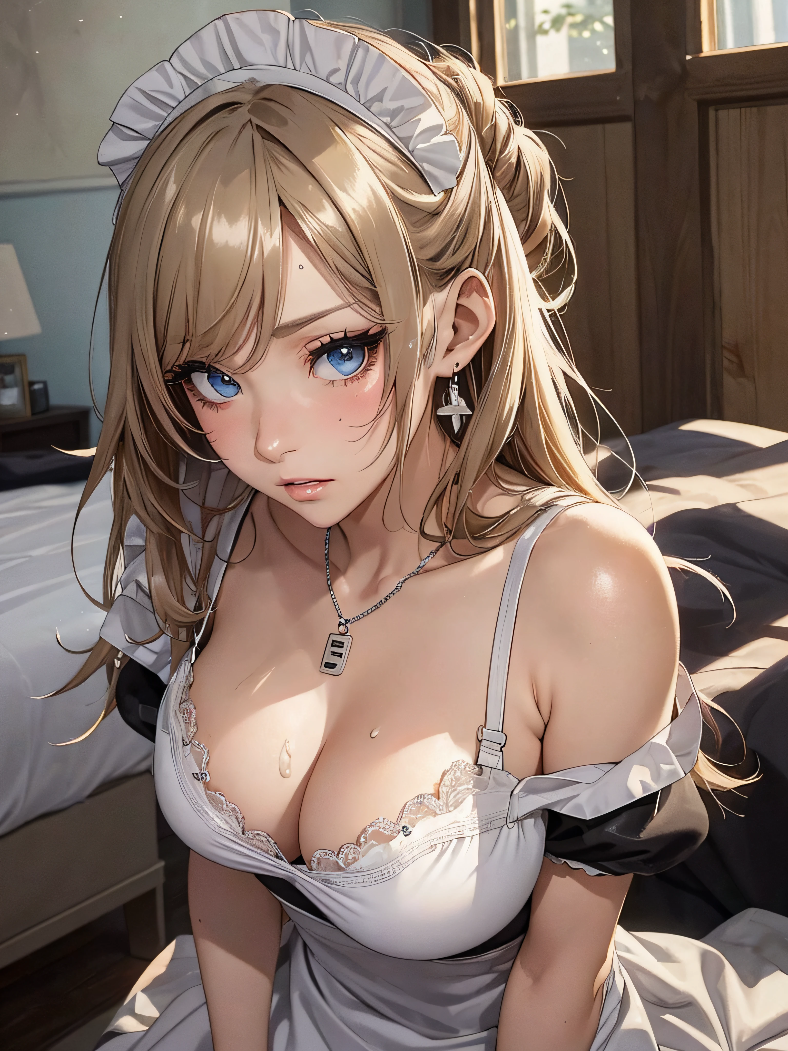 (masutepiece: 1.3), (max resolution: 1.2), (Ultra HDTV: 1.2), cinematric light, 8K resolution,
Detailed eyes and skin, detailed facial features, , (Sharp Focus: 1.2）, (Focus on Face:1.2),Perfect Style, Beautiful face, acurate, Anatomically correct, Highly detailed face and skin texture, Detailed eyes, Double eyelids, Thin eyebrows, Glitter Eyeliner: 1 Natural cheeks, Glossy skin, Fair skin: 1.2, (Glossy lips: 1.4),、 (Shy look: 1.2),Highly detailed facial and skin texture, Detailed eyes, Double eyelids, Natural cheeks, , shiny lips: 1.4,Exposed cleavage、（A large amount of sperm in the chest:1.4）（Large amount of sperm in the thighs:1.2）、
red blush、humiliated、impatience、dismay、Frightened、glares、Tears、embarrassed from、Open knees、open one's legs、Masturbation behavior、masturbation、rubbing the genitals with fingers,,,,,,,,,,,,,,,,,,,,,,,,、
White underwear、White bra、Shiny little earrings and necklaces、、Disheveled clothes、Dressing、Exposed panties、Wearing sweat、sodden、Sheer underwear、
25 years old, femele 、 Big, upturned breasts, Sitting in bed, Bedroom,a blond、blue eyes、(maid clothes:1.6)、