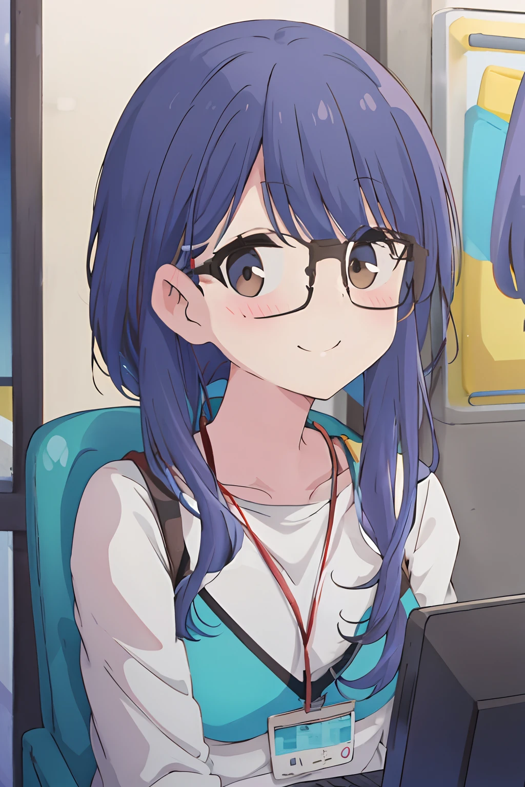 (best quality, masterpiece), 1girl ,looking at viewer, smile, blue hair, yellow bikini, blush, glasses
