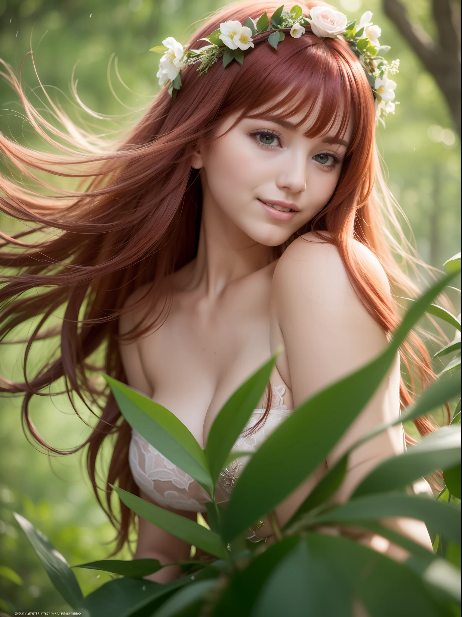(masterpiece, sharp focus), ((closeup:1.2)), A elegant 25 years old redhead woman , floating hair, light smile, voloptuous body, forest background, volumetric light, elegant summer dress, focus face, light rain on sun light, red hair, Endsinger, light fog, flower crown