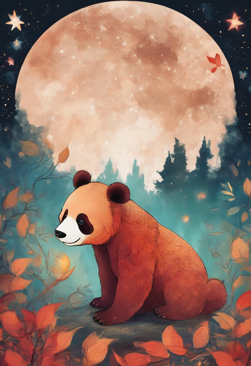 cielo estrellado con nubes arboles luna de colores calidos con un oso panda rojo marron de protagonista