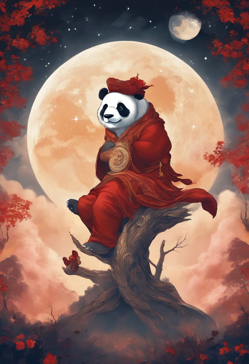 cielo estrellado con nubes arboles luna de colores calidos con un oso panda rojo marron de protagonista