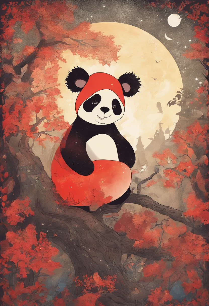 cielo estrellado con nubes arboles luna de colores calidos con un oso panda rojo marron de protagonista
