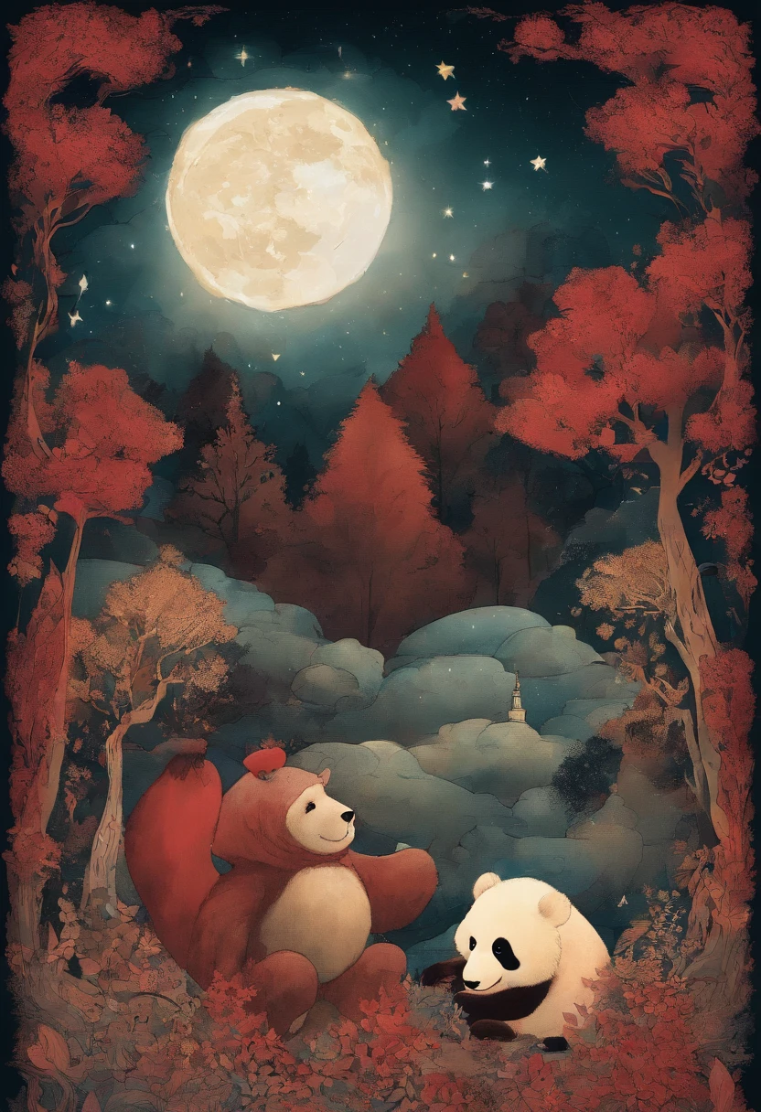 cielo estrellado con nubes arboles luna de colores calidos con un oso panda rojo marron de protagonista