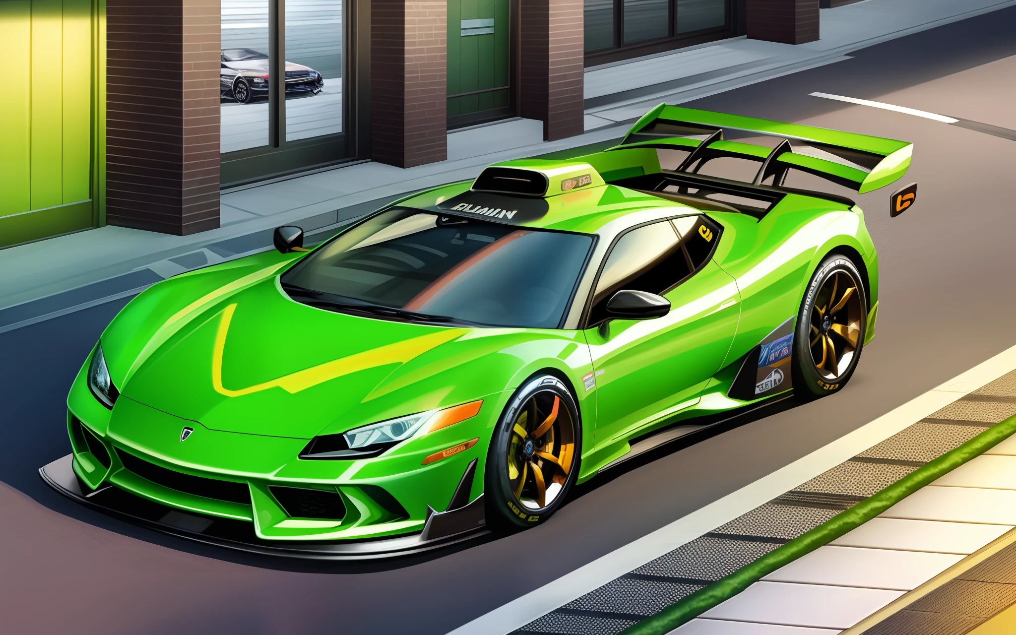 um close up de um carro esportivo verde dirigindo por uma rua, carro esportivo, car trading game, Estilo Lamborghini Ousado, carro esporte, render de Supercarroro futurista, trabalho de pintura realista, Super carro, stylized digital illustration, carro esportivo, carro de corrida, Carro de corrida, arte do design automotivo, Alien racing drivers, carros realistas, Supercarro, CG 3D, 3 d cg |