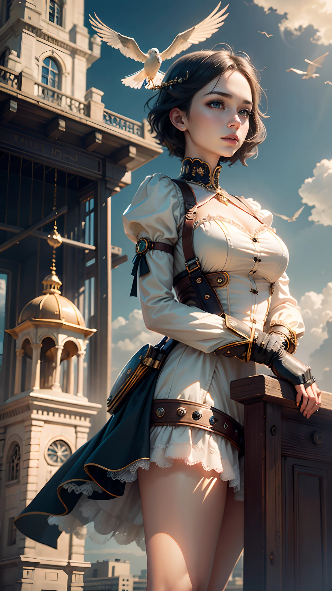 true-to-life visuals, captivating beauty,dramatic contrasts,gentle illumination, delicate warmth, soft light, ultra high definition, colourful, best quality, perfect female figure, high dynamic range, long eyelash, unparalleled masterpiece, pale skin, make up,
nova,1girl, solo, short hair,lay on airship, tower, scenery, aircraft, steampunk, bird, cloud, sky, gears, no humans, building, outdoors, city, science fiction, sunset, crane (machine)