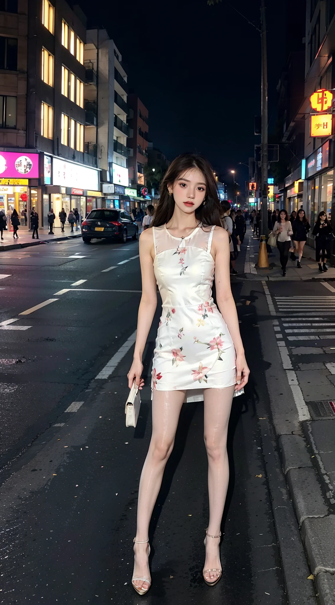 Single ball head，Heavy makeup，Ultra-fine heel，Transparent colorless flesh silk pantyhose，ear studs，Long legs，8K，On the street，In the daytime，Floral dress，the night，Rainbow，two women