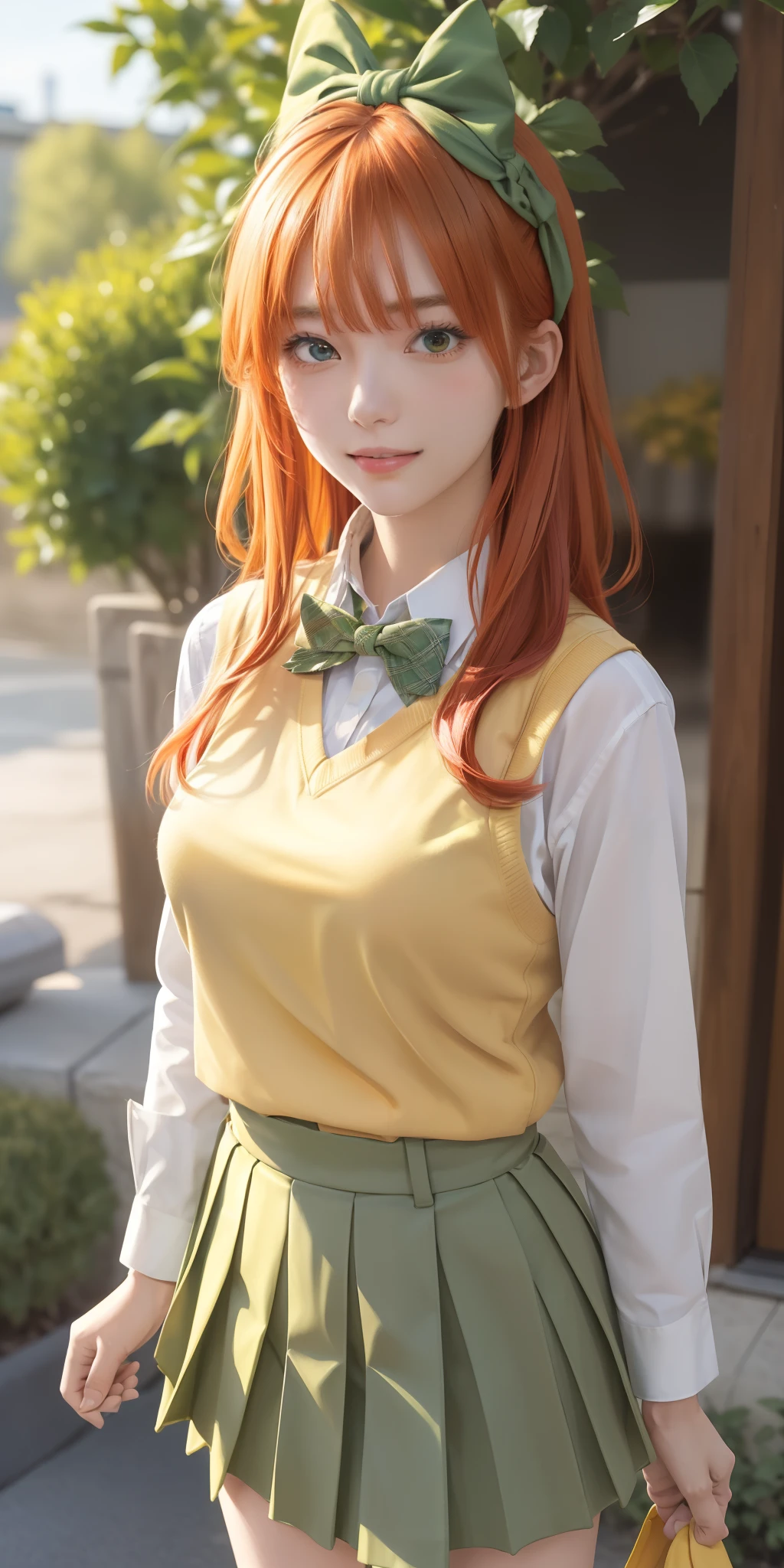2d, masterpiece, best quality, anime, highly detailed, 1girl, solo, cowboy shot, nakano yotsuba, orange hair, hair bow, green bowtie, yellow sweater, collared shirt, green skirt, miniskirt, big breasts, standing, school, outdoors,