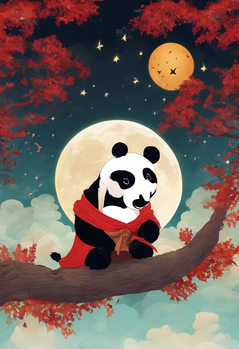 cielo estrellado con nubes arboles luna de colores calidos con un oso panda rojo marron de protagonista