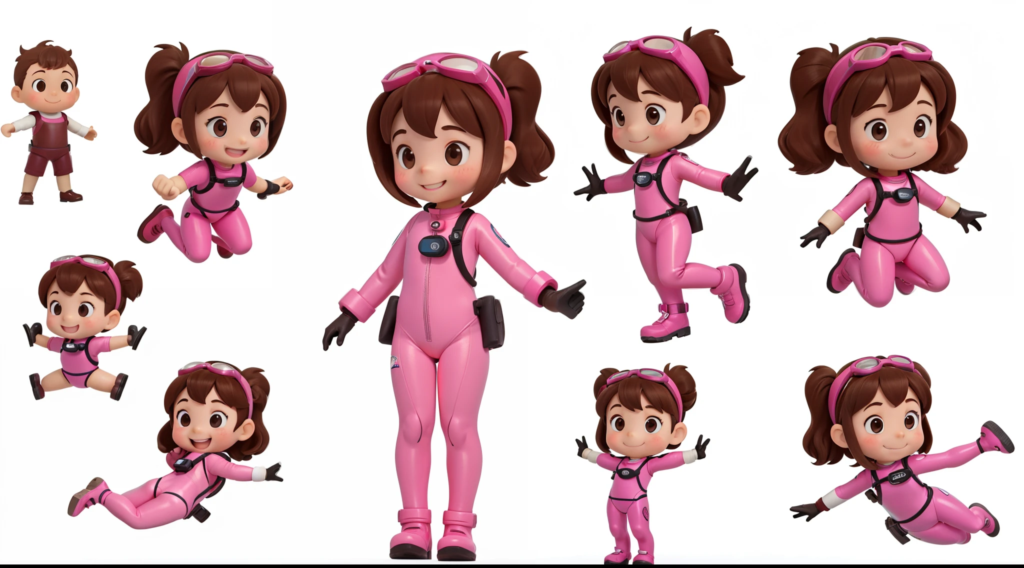 6 Images of a 5--old l in various positions, diving, swimming, alone, happy, with brown hair, brown eyes, rosy cheeks, goggles, pink diving suit, diving gloves, diving shoes, white background.