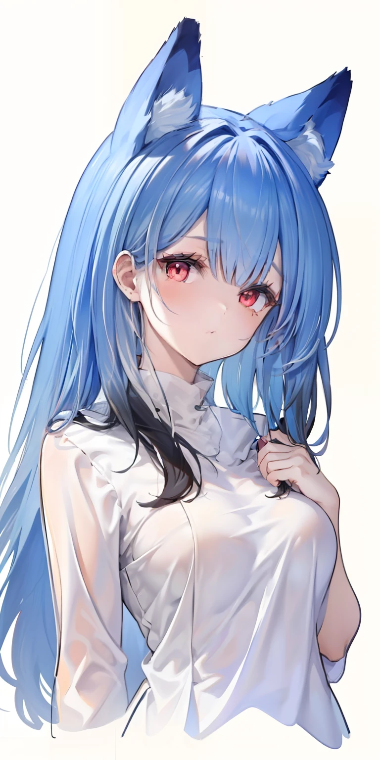(sketch drawing:1.2), 1girl, close up, (cute), (fox ears), (red eyes), (black hair), (medium hair), (simple white blouse), (white background:1.3),