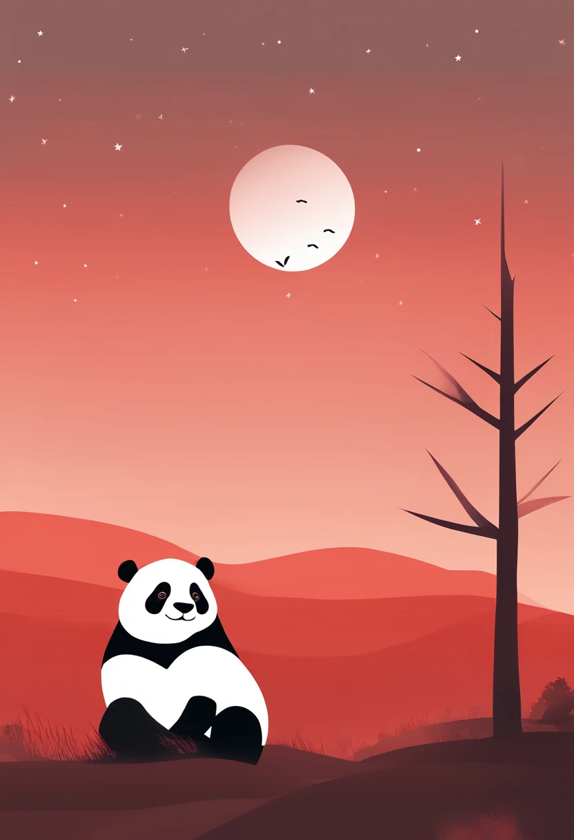 cielo estrellado con nubes arboles luna de colores calidos con un oso panda rojo marron de protagonista