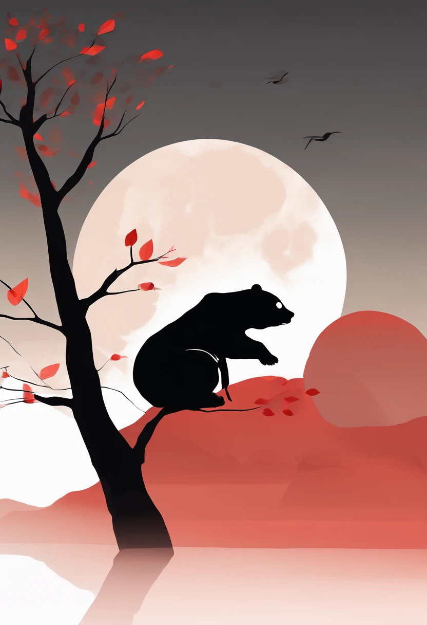 cielo estrellado con nubes arboles luna de colores calidos con un oso panda rojo marron de protagonista